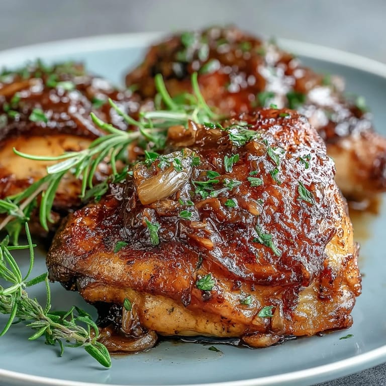 Golden honey garlic glazed chicken thighs, tender and juicy, fresh from the oven and ready for dinner.