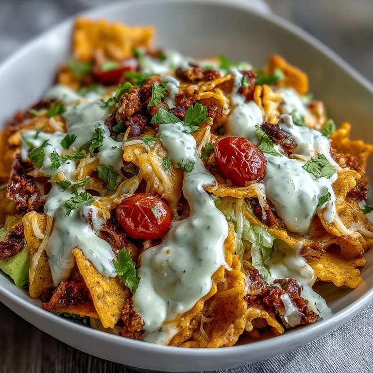 A hearty Taco Pasta Salad with Doritos features crisp lettuce, sweet corn, and a zesty avocado ranch drizzle.