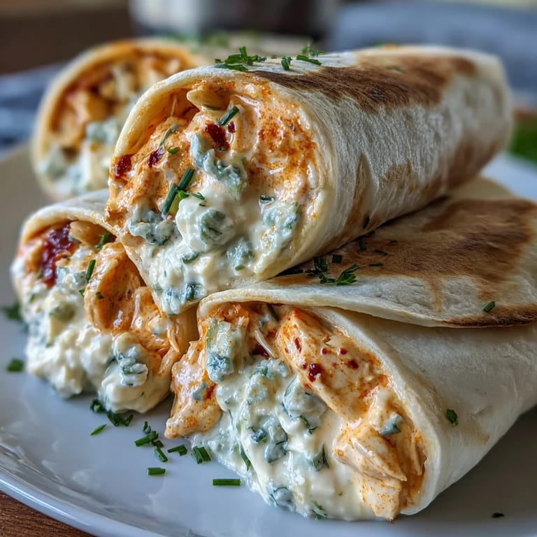 A close-up view of Buffalo Chicken Cream Cheese Pinwheel Wraps highlights creamy filling, shredded chicken, and celery in soft tortilla spirals.