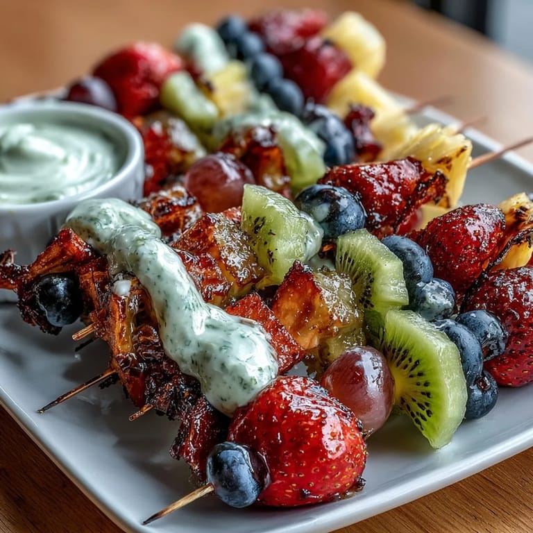 Colorful fruit kabobs arranged in rainbow order, served with luscious honey-lemon yogurt dip, perfect for healthy snacking or party platters.  