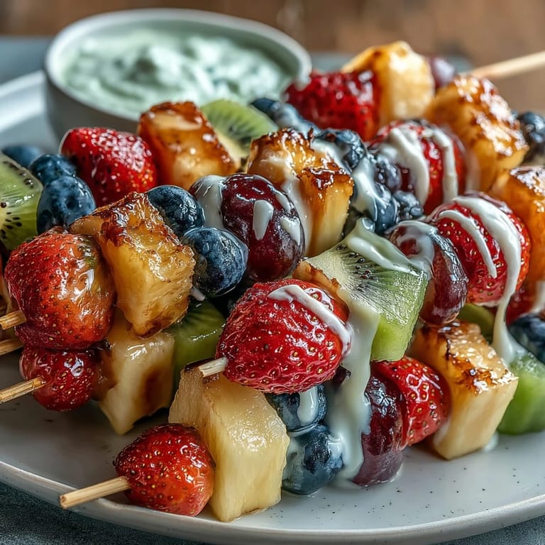 Fresh fruit skewers showcasing red strawberries, orange cantaloupe, yellow pineapple, green kiwi, blue blueberries, and purple grapes alongside sweet honey-yogurt dipping sauce.