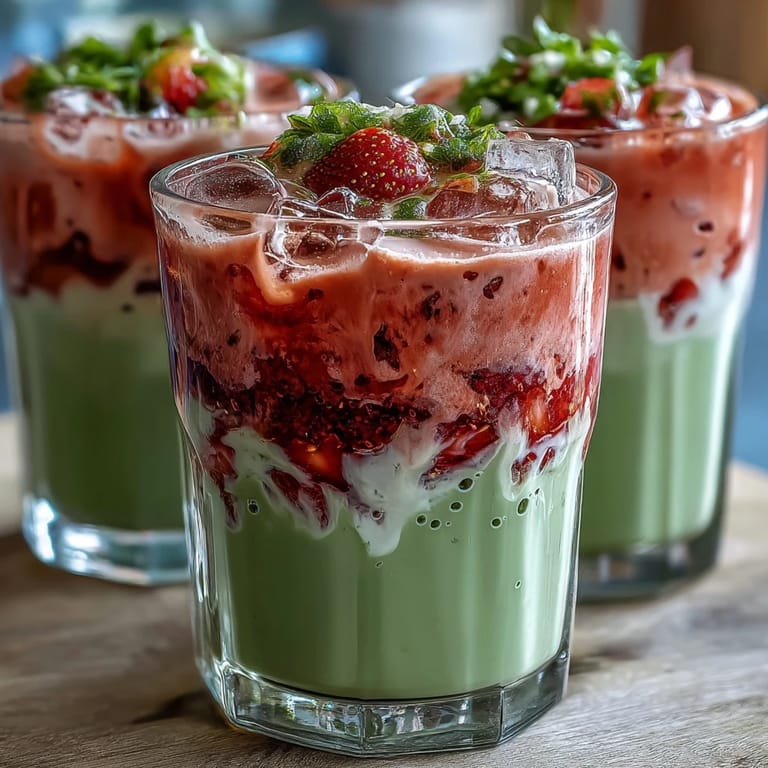 Refreshing strawberry matcha latte with oat milk, combining sweet berry puree, earthy green tea, and chilled dairy-free milk for a perfect summer beverage.