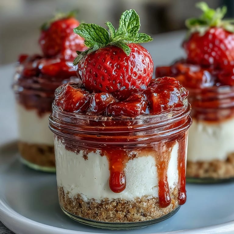 Layered No-Bake Strawberry Cheesecake Jars topped with vibrant red strawberry sauce and fresh mint.