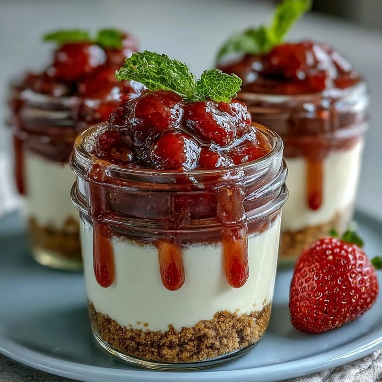 Individual No-Bake Strawberry Cheesecake Jars featuring buttery graham cracker base and smooth vanilla filling.