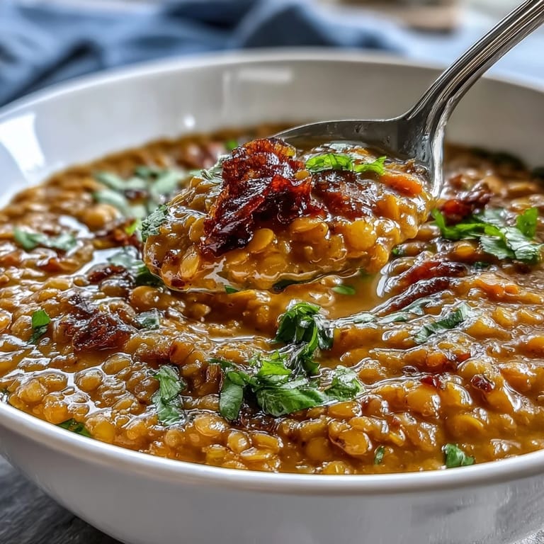 Hearty turmeric lemon lentil soup, garnished with cilantro and lemon wedges.