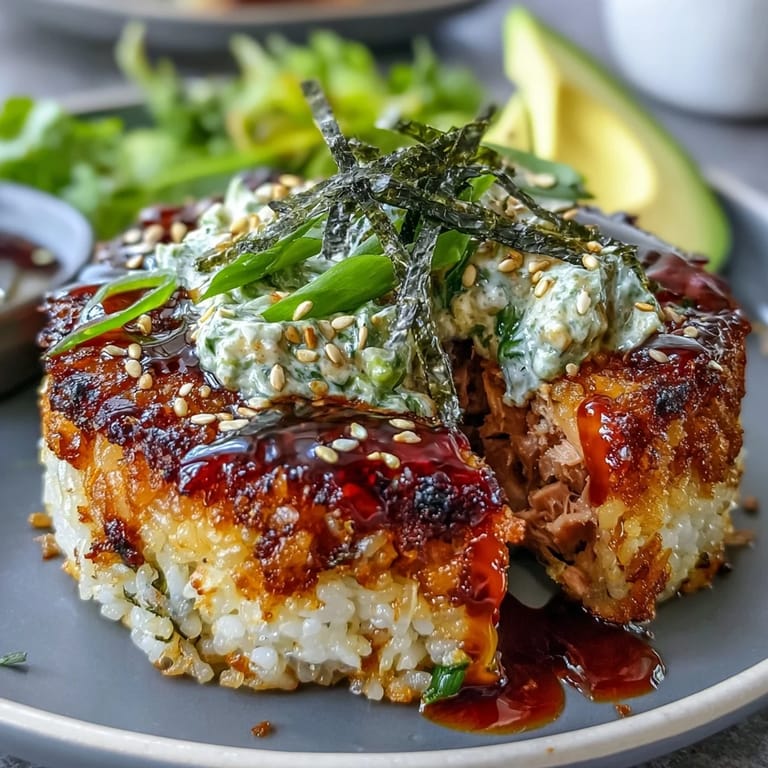 Spicy tuna crispy rice squares ready to be devoured, perfect for parties.