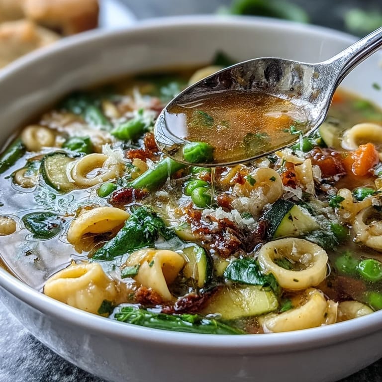 Hearty bowl of Spring Minestrone, seasoned with fresh herbs and ready to serve.