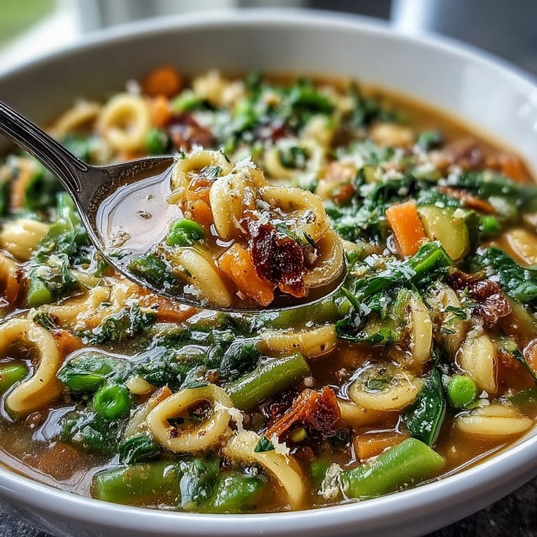 Delicious Spring Minestrone, a light Italian vegetable soup perfect for warm days.