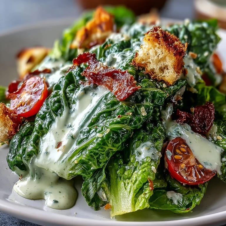 Freshly tossed Tahini Caesar Salad, a vibrant vegetarian lunch drizzled in creamy dressing.