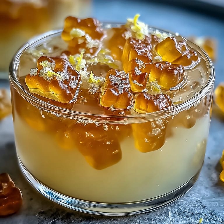 Playful, visually appealing Gummy Bear Lemonade Jelly Cups, perfect for a refreshing party dessert.