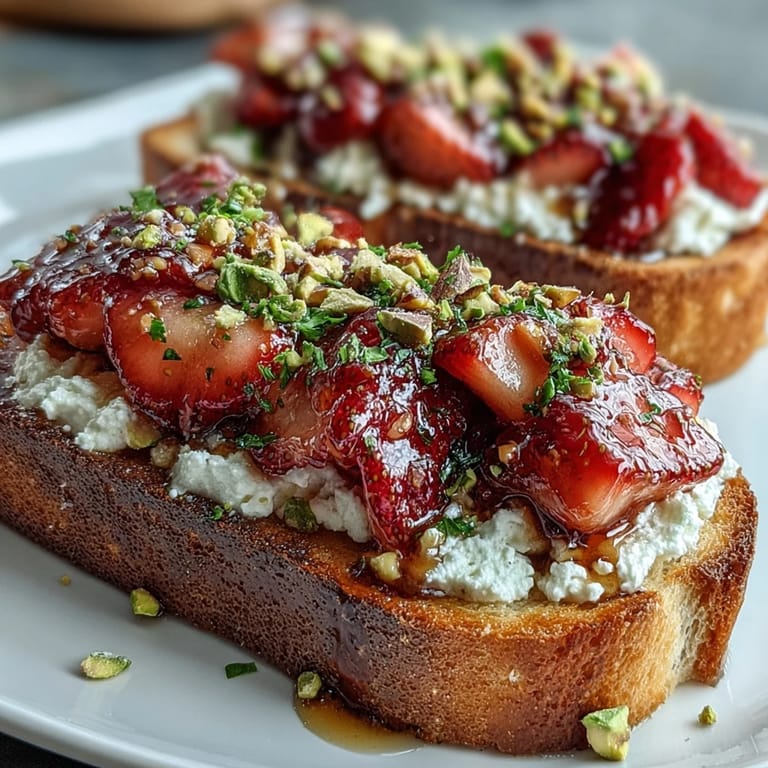 Delectable Strawberry Honey Ricotta Toast with Pistachios topped with fresh fruit.