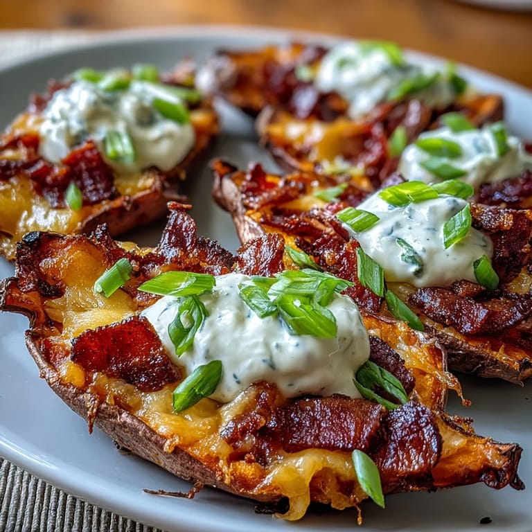 Golden brown loaded sweet potato skins, a delightful appetizer with savory, creamy textures.