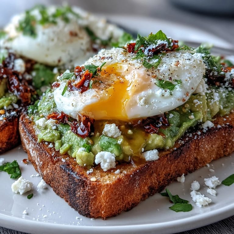 Vibrant Chili Crisp Avocado Toast: smashed avocado, poached egg, fragrant chili oil on crusty bread.