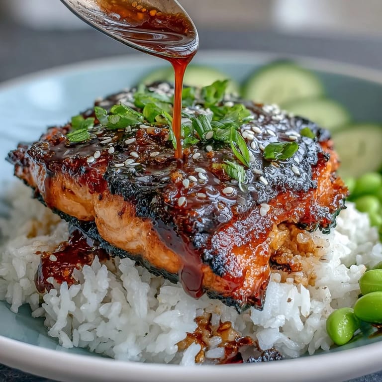 A healthy salmon teriyaki bowl, beautifully presented with steamed rice and fresh garnishes.