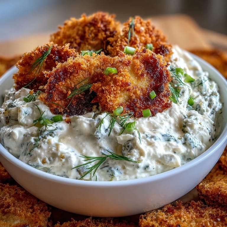 Creamy fried pickle dip topped with crispy golden pickle garnishes.