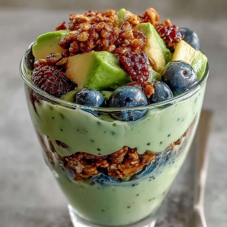 Thick, fiber-rich avocado chia pudding parfait topped with crunchy granola.