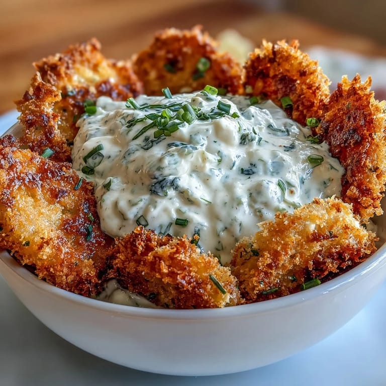 Tangy fried pickle dip with ranch and cream cheese, ready for dipping.