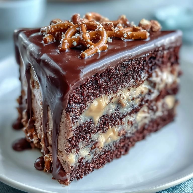 Decadent Father's Day Chocolate Peanut Butter Pretzel Cake, layered with creamy filling.