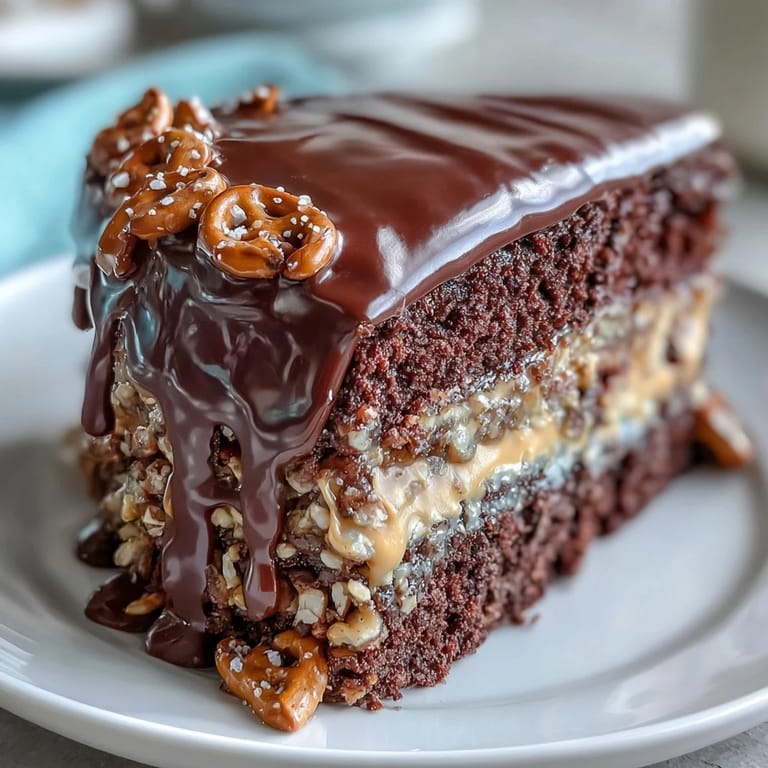 Slice of Father's Day Chocolate Peanut Butter Pretzel Cake, topped with crunchy pretzels.