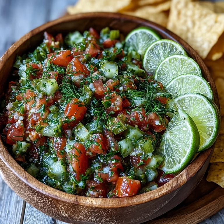 Bright pickle de gallo salsa, an easy appetizer brimming with zesty ingredients.