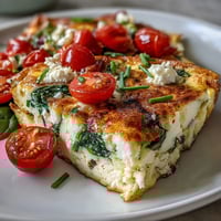 Golden-brown High-Protein Sheet Pan Eggs With Cottage Cheese and Veggies baked with colorful peppers and spinach.