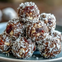 Twelve freshly rolled Hojicha Energy Balls sit on a white plate, coated in shredded coconut with a few cacao nibs for extra crunch.