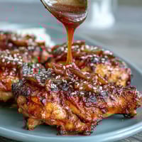 Honey garlic baked chicken thighs in a glossy, caramelized glaze with crispy skin and fresh parsley garnish.  