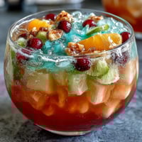 Colorful graduation party punch bowl with rainbow sherbet and lemon-lime soda, perfect for festive celebrations.