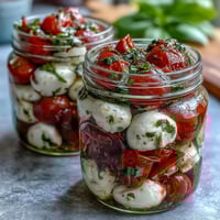 Mason Jar Caprese Salad with cherry tomatoes, mozzarella, and basil in portable glass jars.
