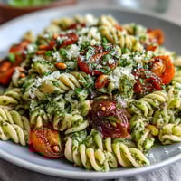 A vibrant summer pasta salad with pesto and cherry tomatoes, bursting with fresh basil and parmesan flavors.