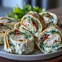 Turkey, cheese, and spinach tortilla pinwheels arranged on a white platter, showcasing colorful spirals of turkey and spinach wrapped in soft tortillas.