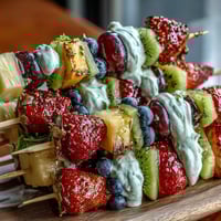 Vibrant rainbow fruit skewers featuring strawberries, pineapple, kiwi, blueberries, and grapes with creamy honey-yogurt dip for a refreshing summer treat.  