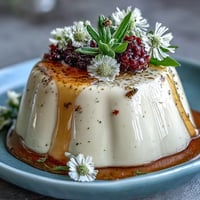 Silky Honey Lavender Panna Cotta with a golden honey drizzle and fresh berries.