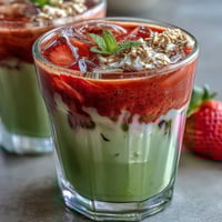 Vibrant strawberry matcha latte with oat milk, featuring creamy layers and fresh fruit puree for a refreshing vegan drink.