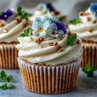 Delicate vanilla cupcakes topped with creamy buttercream frosting and colorful edible spring flowers for a festive dessert.