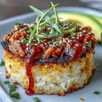 Golden, crispy rice topped with creamy spicy tuna, a delectable appetizer.