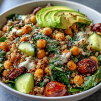 Vibrantly plated Ancient Grains Bowl with vibrant veggies and creamy tahini dressing.