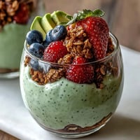 Creamy avocado chia pudding parfait layered with vibrant berries.